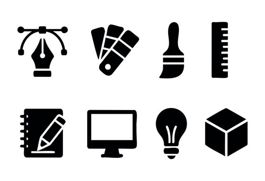 Various graphic design tools such as a pen, color palettes, paintbrush, ruler, notebook, computer, light bulb, and 3D cube are arranged for visual inspiration and creativity.