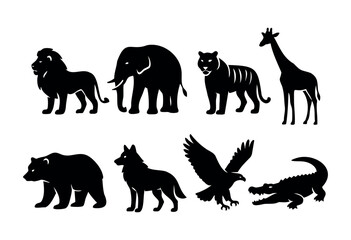 Obraz premium Silhouettes showcase a lion, elephant, tiger, giraffe, bear, wolf, eagle, and crocodile, illustrating the rich variety of wildlife and their distinct shapes in natural settings.