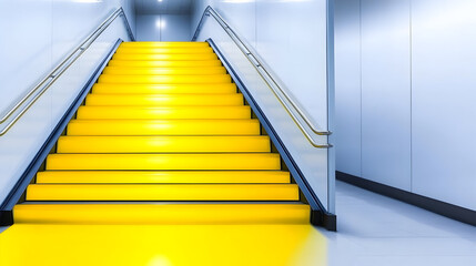 Modern outdoor stair railing with recessed LED strip lighting. Yellow light illuminates glass panels. Transparent rain-wet glass panels make up stair railing. Steel railing bars part of modern