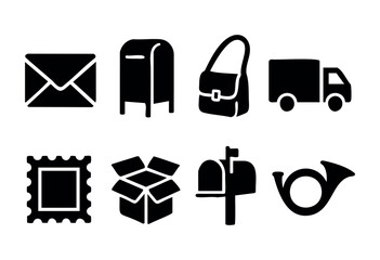 Various black and white icons represent mail and postal services, including envelopes, mailboxes, parcels, and a delivery truck, showcasing the essentials of communication.
