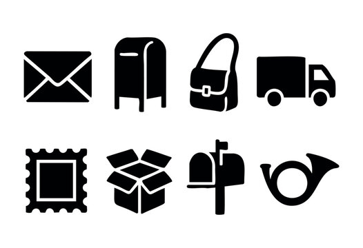 Various black and white icons represent mail and postal services, including envelopes, mailboxes, parcels, and a delivery truck, showcasing the essentials of communication. - Powered by Adobe