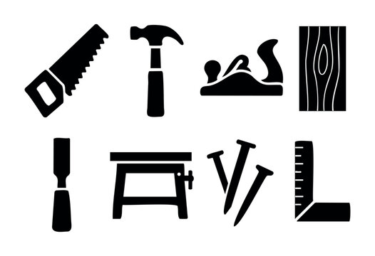 A display of basic woodworking tools including a saw, hammer, plane, wood, chisel, workbench, nails, and square. These tools are vital for carpentry and DIY repairs.