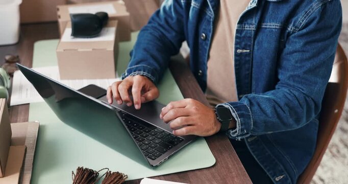 Supply chain, typing and hands of man on laptop in office for online orders, distribution and delivery. Small business, ecommerce and person on computer for logistics, shipping and inventory list