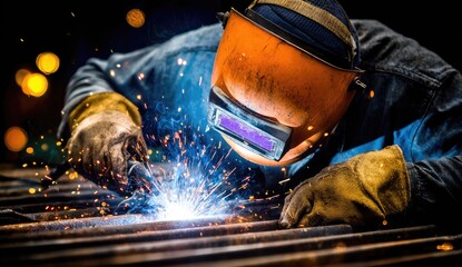 Welder in protective gear creates sparks while working on metal.