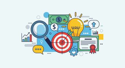 Illustration of business strategy elements including a lightbulb for ideas, target for goals, money, and a magnifying glass for analysis.