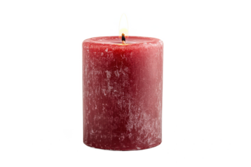 A single lit red pillar candle with a textured surface glowing brightly isolated on transparent background