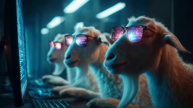 Stylish Goats Engaged in Cyber Activities: A Creative Depiction of Intelligent Animals Using Technology in a Modern Digital Environment, Wearing Sunglasses and Interacting with Computers