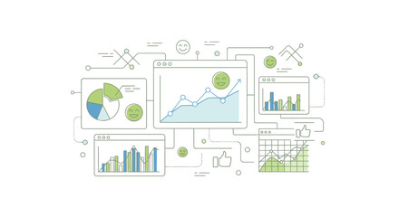 Vector illustration of a business analytics dashboard with various charts and graphs for data visualization.