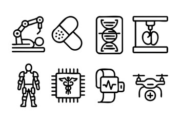 Innovative tools and symbols represent the future of healthcare, showcasing robotics, diagnostic devices, and medical advancements in a simplified design.