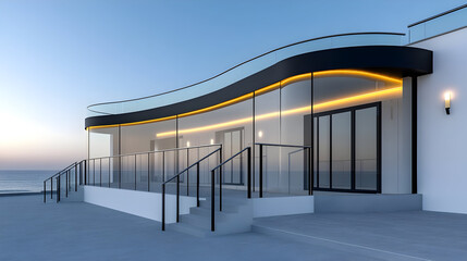 Modern outdoor stair railing with recessed LED strip lighting. Yellow light illuminates glass panels. Transparent rain-wet glass panels make up stair railing. Steel railing bars part of modern