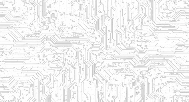 Abstract light grey circuit board pattern on a white background, representing digital technology and connections.