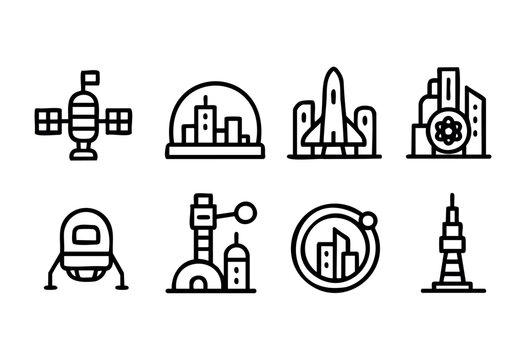 Set of simple line art icons showcasing elements of space exploration, futuristic buildings, and urban structures designed with clarity and minimalism in mind. - Powered by Adobe