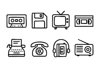 Various vintage technology items are displayed, including a cassette tape, floppy disk, old television, typewriter, rotary phone, and radio, highlighting past innovations in communication and entertai