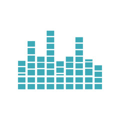 Blue digital audio equalizer bars graphic on a white background.
