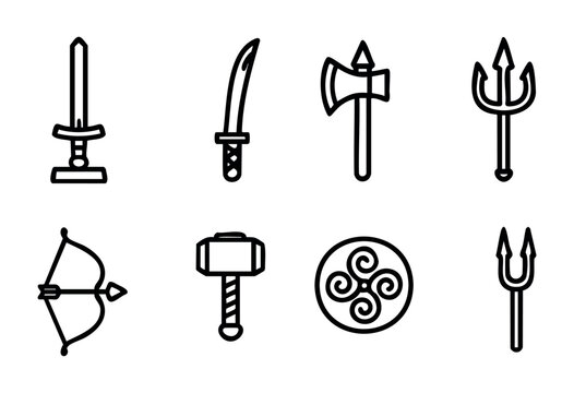 A collection of weapons and tools, including swords, axes, a hammer, and a shield, showcased in clean line art. Each item represents different combat themes.