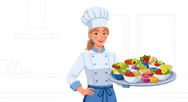 Cheerful chef presents a colorful array of fresh salads, vibrant bowls, and healthy meals, perfect for promoting wellness and delicious culinary creations
