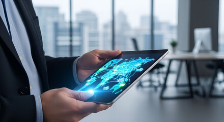 Modern businessman managing global network connections on tablet, visualizing international business expansion and worldwide collaboration, data driven success