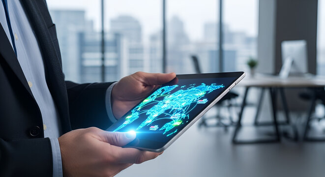 Modern businessman managing global network connections on tablet, visualizing international business expansion and worldwide collaboration, data driven success