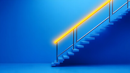 Modern outdoor stair railing with recessed LED strip lighting. Yellow light illuminates glass panels. Transparent rain-wet glass panels make up stair railing. Steel railing bars part of modern