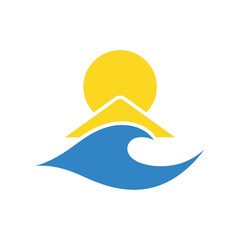 Simple graphic logo of a sun mountain and ocean wave.