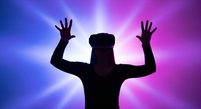 Immersive virtual reality experience with silhouette figure wearing VR headset against vibrant, colorful cosmic backdrop, entering digital worlds