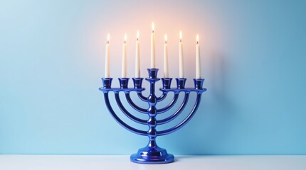 Fototapeta premium Blue menorah with seven lit candles against a light blue background on a white surface display