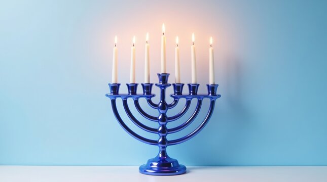 Blue menorah with seven lit candles against a light blue background on a white surface display