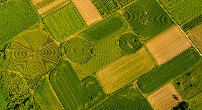 Stunning aerial view of vibrant green farmland with circular irrigation patterns creating a mesmerizing landscape, perfect for agriculture or environmental themes