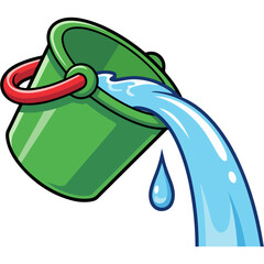 Green Bucket Pouring Water with Droplets Isolated on White Background