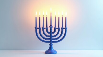 Illuminated blue hanukkah menorah with burning candles against a soft background studio shot