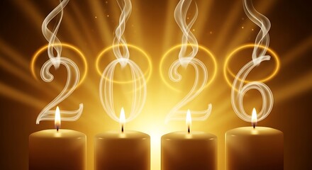 Warm glow of four candles illuminating the numbers 2026 in a celebratory New Year's Eve atmosphere