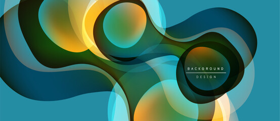 Abstract flowing shapes, vibrant colors, modern design. Overlapping layers create dynamic visual texture. Background features smooth gradients.