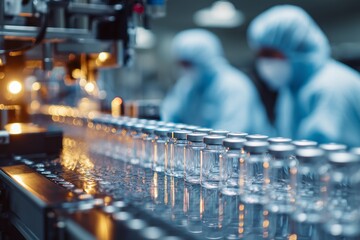 Pharmaceutical Vaccine Production in Modern Laboratory. Automated laboratory innovations in pharmaceutical manufacturing cleanroom biotechnology enhancements. High quality