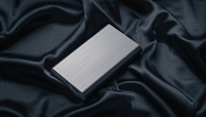 Sleek silver rectangular box placed on luxurious black satin fabric creating elegant premium minimal modern product presentation aesthetic