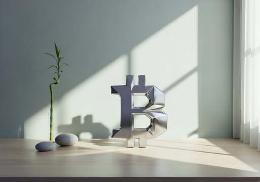 Symbolic bitcoin shaped from folded metal paper resting on a soft-lit minimal desk with geometric shadows and quiet tones, no people