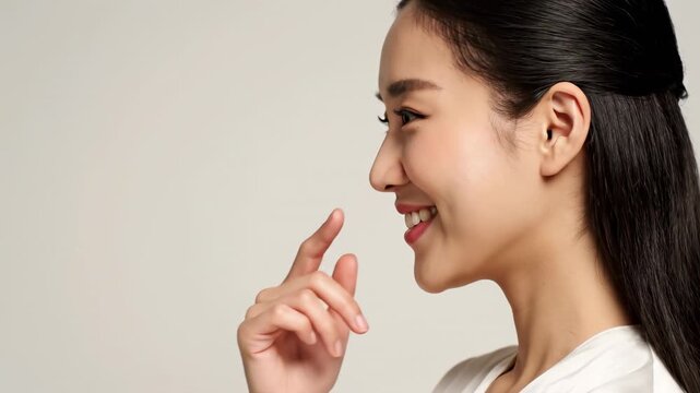 Beautiful young asian woman with a perfect smile and healthy skin touching her nose in profile, demonstrating cosmetic surgery or rhinoplasty results against a clean, isolated background