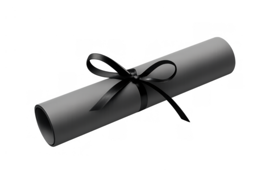 Rolled gray document or diploma with black ribbon symbolizing education, achievement, and graduation on transparent background