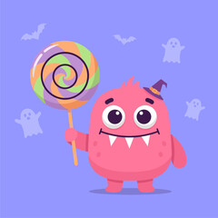Adorable Pink Monster in Witch Hat Holding Swirl Lollipop for Halloween Illustration