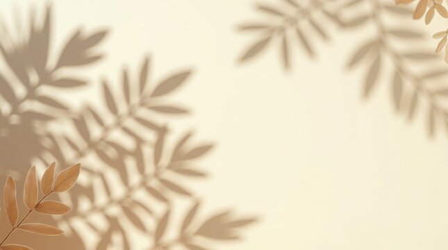 Soft beige background with shadows of leaves and a sprig in the corner for a natural aesthetic