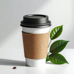 White coffee cup with lid, sleeve & green leaf