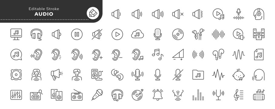 Audio line icon set. Sound, music, volume, soundless, sound track, voice, microphone, headphones, disk, player, speaker and more. Outline icon in linear style. Vector collection.	