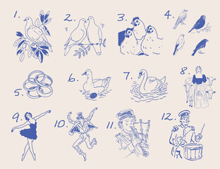 Fototapeta premium Hand drawn sketch illustration of the twelve days of christmas song