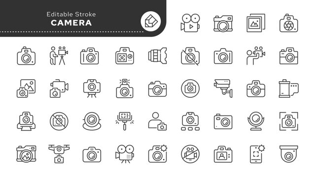 Camera line icon set. Photo camera, video camera, digital camera, photography, photographer, videographer, shooting, image, lens and more . Outline icon in linear style. Vector collection.	