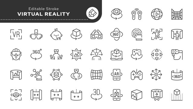 Virtual reality line icon set. VR, AR, glasses, VIA, glasses, headset, 360 degree, simulation, 3D display, device, virtual world,  helmet and more. Outline icon in linear style. Vector collection.	