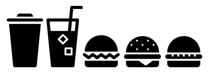 Fast food icon set, burger and drink signs