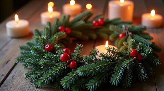 Festive christmas wreath with red berries and glowing candles on a wooden surface creating warm light - Powered by Adobe