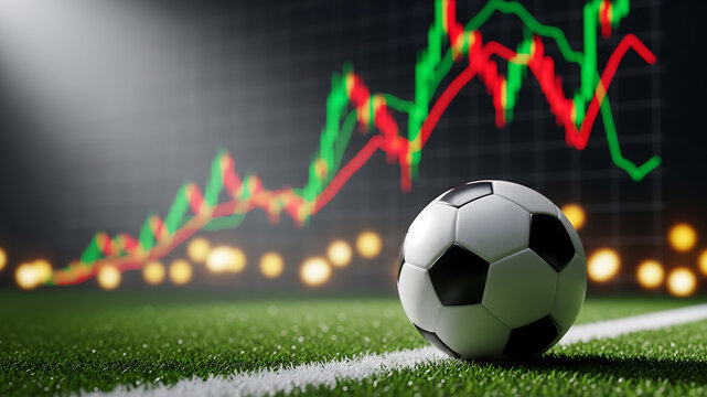 sports betting finance. soccer ball on pitch line with financial trading graph overlay
