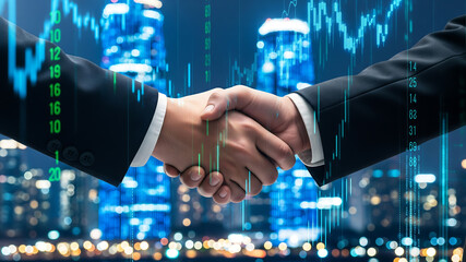 business handshake finance. business people shaking hands financial graph overlay cityscape