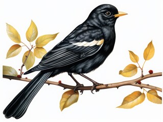 Detailed artwork of a dark-feathered songbird resting on a branch with golden leaves, ideal for themes of nature, seasons, and wildlife.