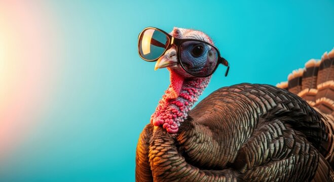 Humorous studio portrait of turkey wearing sunglasses on vibrant abstract background, creating playful artistic concept